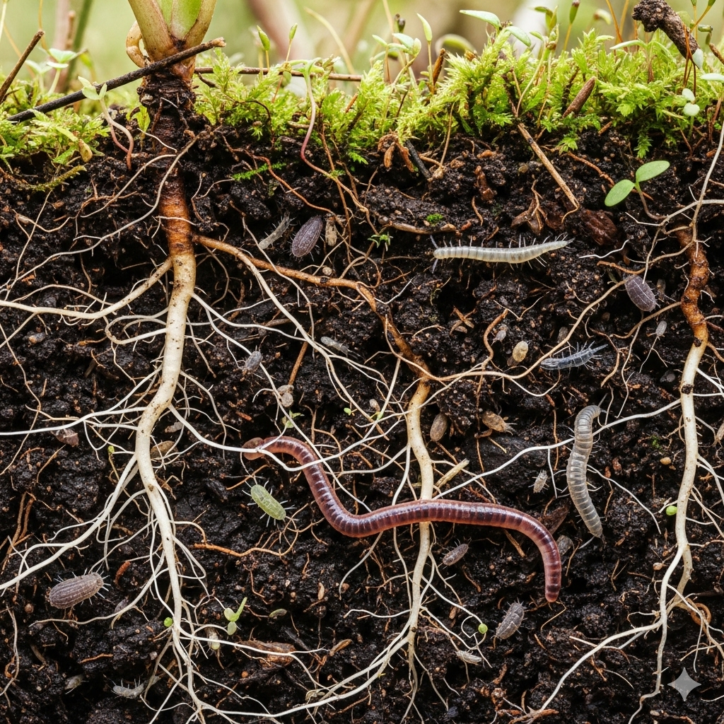 Solo rico e escuro com raízes de plantas, minhocas e microrganismos.