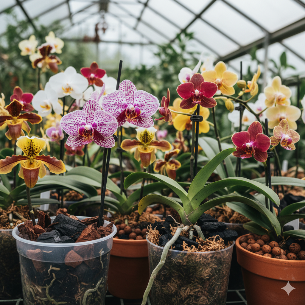 "Uma coleção de orquídeas raras, como Phalaenopsis, Cattleya, Oncidium, mostrando suas flores exóticas e coloridas, crescendo em substratos de casca e musgo."