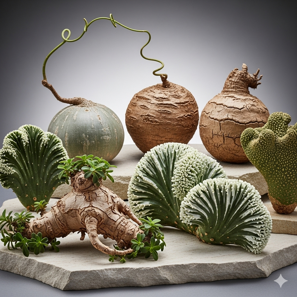 A imagem mostra uma coleção de suculentas e cactos raros em um estúdio. Entre as plantas estão uma **Bursera fagaroides Caudiciforme** com uma base espessa e casca que se descasca, uma **Euphorbia lactea 'White Ghost' Cristata** com uma crista ondulante branca e verde, um **Pseudobombax ellipticum** com um caudex bulboso e liso, um **Dioscorea elephantipes** com um caudex que parece uma casca de tartaruga, e uma **Gasteria 'Little Warty' cristata** com uma textura única e uma forma de crista ondulada. As plantas estão dispostas em uma laje de pedra natural com uma iluminação suave que destaca suas texturas.