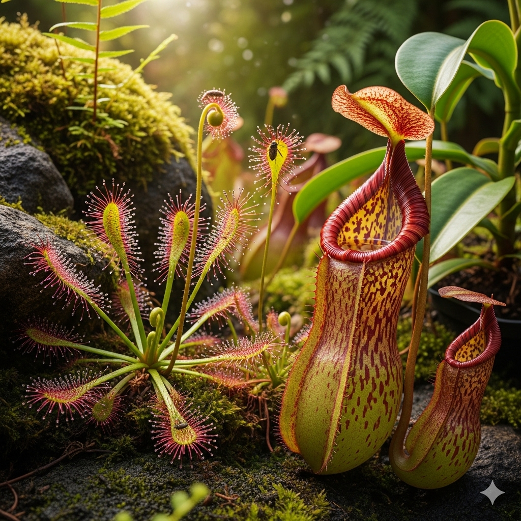 A imagem mostra várias plantas carnívoras raras em um ambiente úmido e exuberante. Uma **Nepenthes** está em foco no centro, com um jarro grande e colorido e padrões intrincados. Ao seu redor, há várias **Drosera** com tentáculos brilhantes e orvalho, algumas com pequenos insetos capturados. O fundo é composto por rochas cobertas de musgo, samambaias e a luz do sol que se filtra através da folhagem.