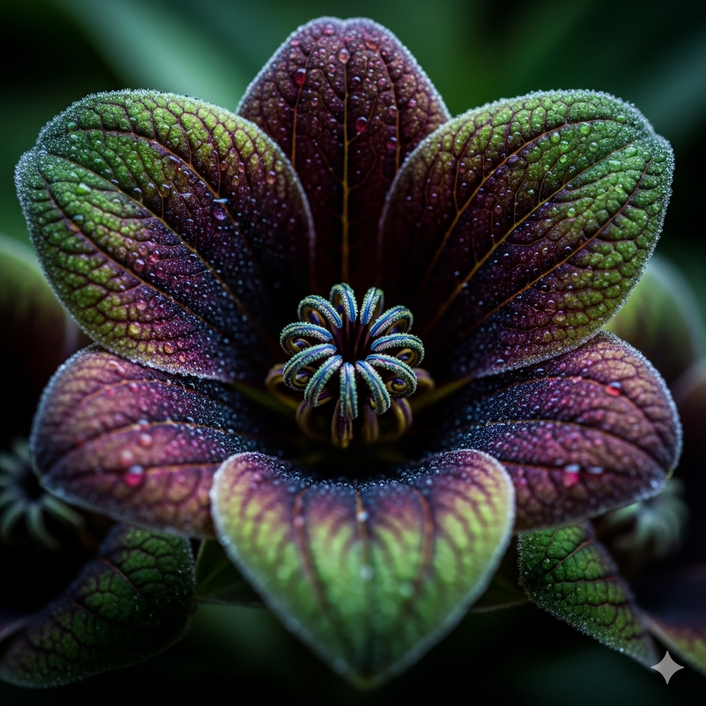 A imagem é um close-up dramático e detalhado de uma flor rara e exótica. Ela tem pétalas aveludadas em tons de roxo e verde-esmeralda, com veias que parecem brilhar. O centro da flor tem estames que lembram pequenas galáxias. Gotas de orvalho cobrem as pétalas, e o fundo é um verde escuro suavemente desfocado.