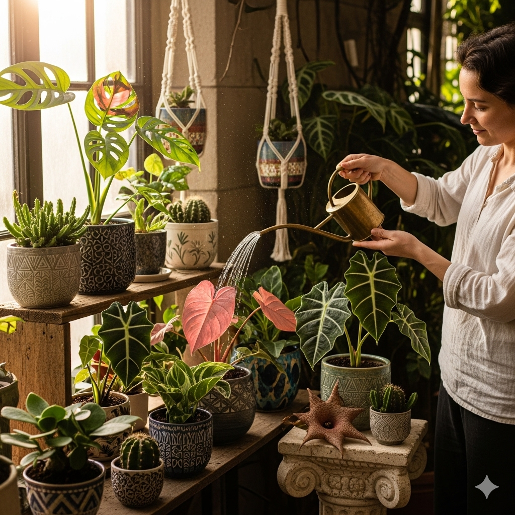 Uma pessoa está regando delicadamente uma coleção de plantas raras e extraordinárias em um jardim botânico iluminado pelo sol.