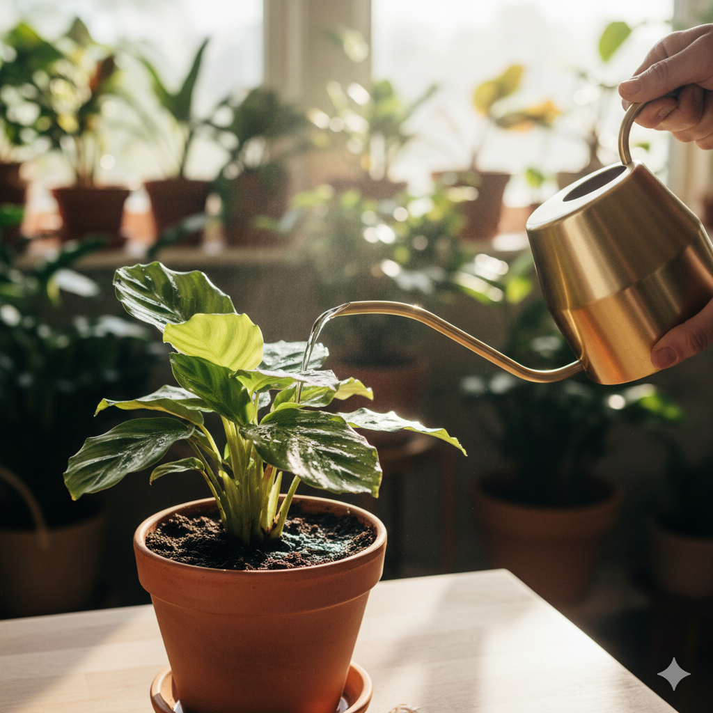 Uma pessoa regando uma planta em vaso com um regador de metal dourado, com luz solar entrando por uma janela com mais plantas ao fundo.