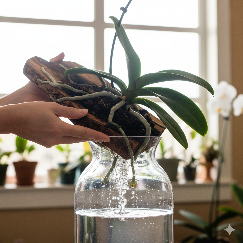 Uma pessoa regando uma planta em vaso com um regador de metal dourado, com luz solar entrando por uma janela com mais plantas ao fundo.