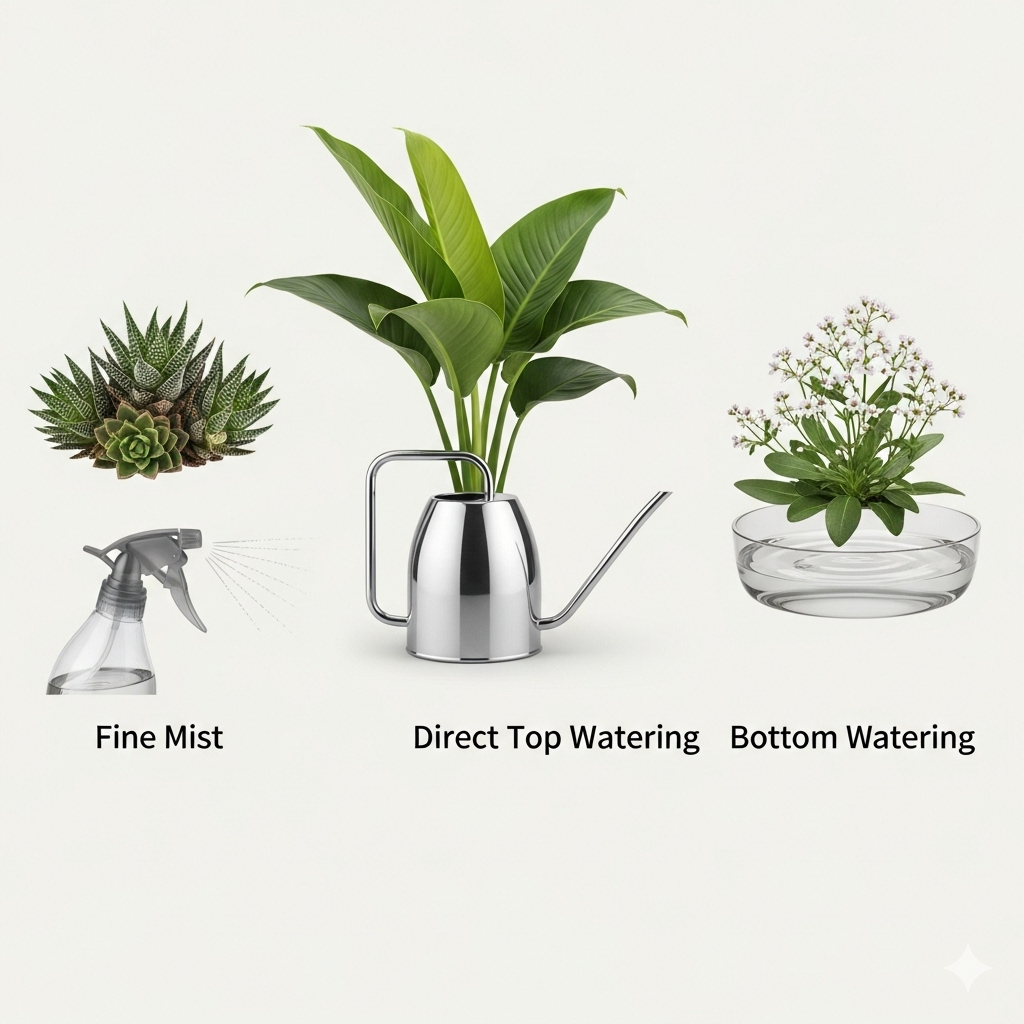 Uma composição visual com três seções. A primeira mostra um cacto ao lado de um borrifador, a segunda uma planta de folhas grandes ao lado de um regador, e a terceira uma planta pequena em flor dentro de um recipiente com água.