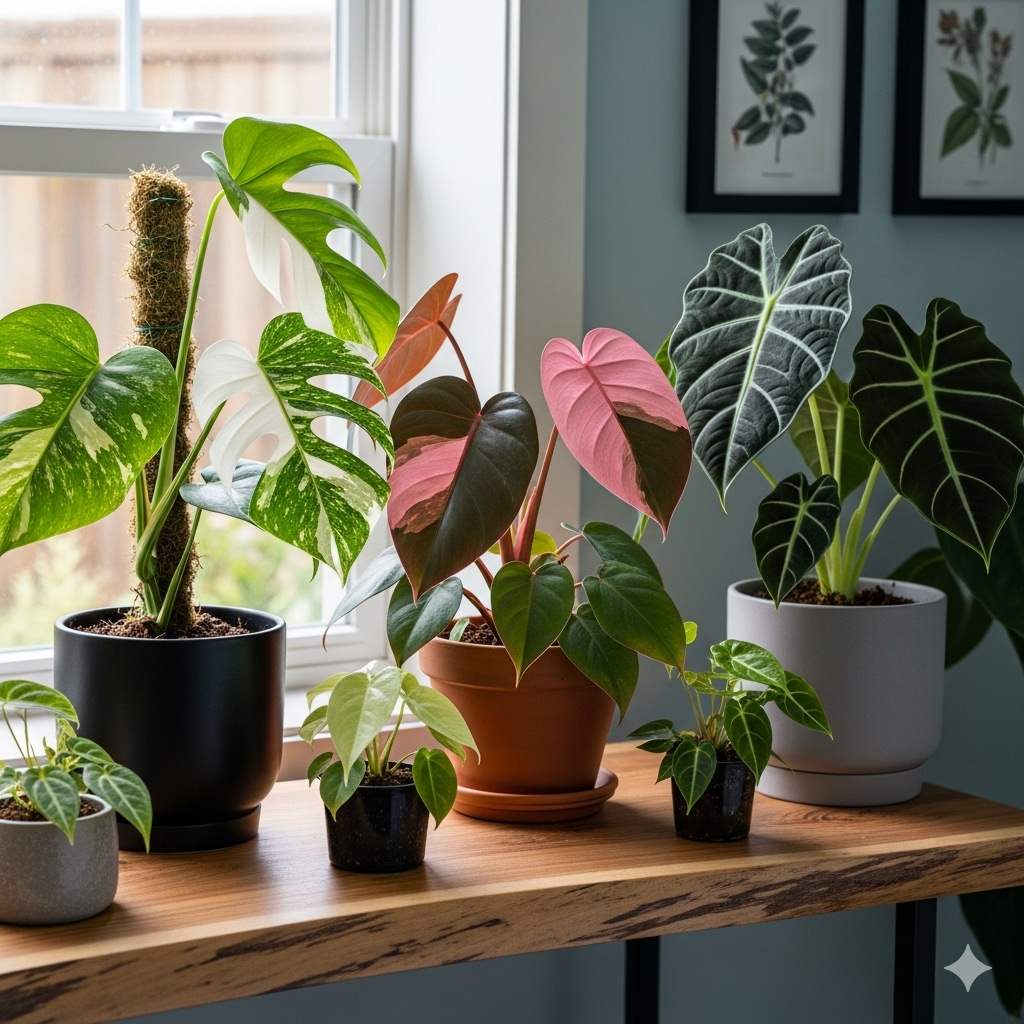 Uma foto de um grupo de plantas raras, incluindo uma *Pink Princess Philodendron*, uma *Monstera* variegata e uma *Black Velvet Alocasia*, elegantemente dispostas em uma prateleira de madeira. As plantas estão em vasos de cores diferentes, com grandes folhas verdes, cor-de-rosa e brancas. A luz difusa da janela cria um ambiente calmo.