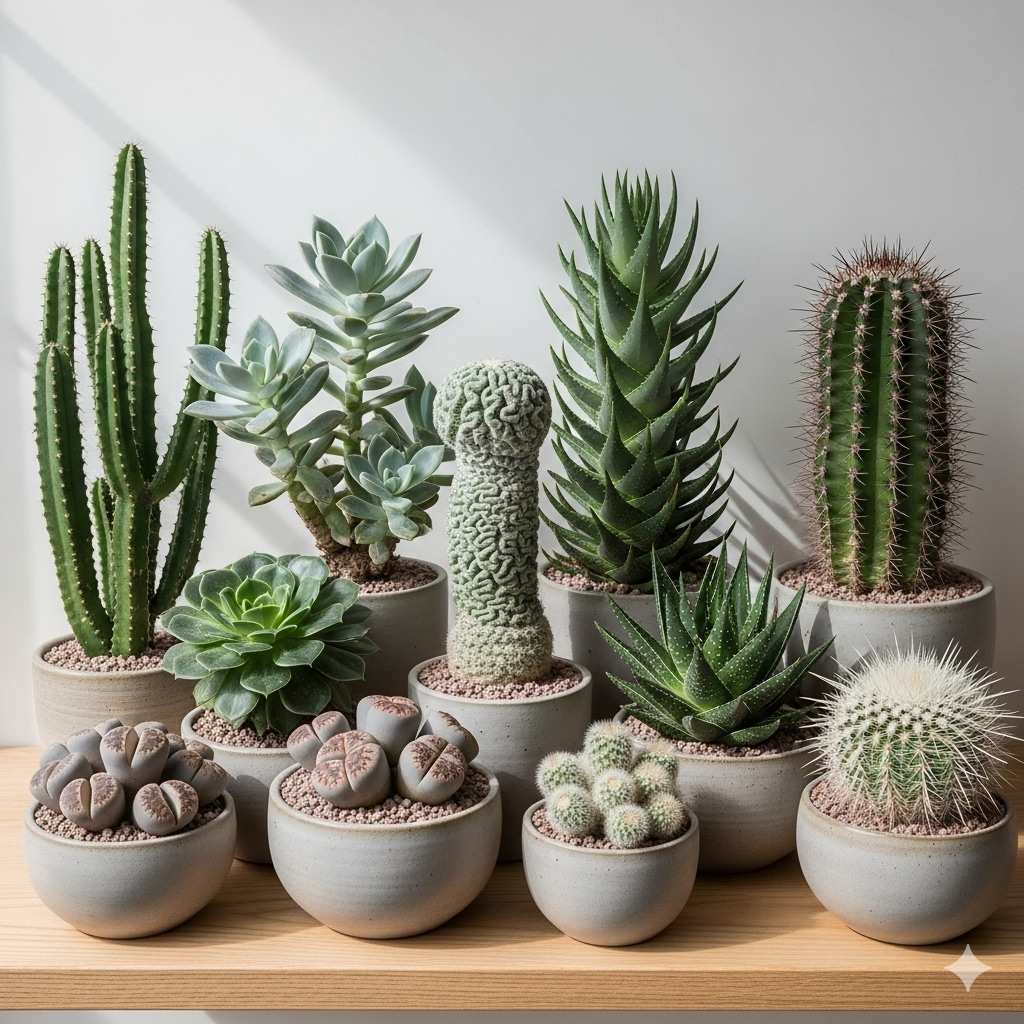 Cactos e suculentas raros de várias formas e texturas, dispostos em vasos simples sobre uma prateleira de madeira.