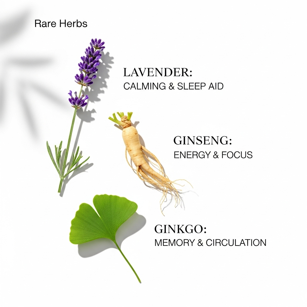 Uma imagem minimalista com um fundo branco, mostrando lavanda, raiz de ginseng e uma folha de ginkgo, com texto sobre seus usos medicinais.