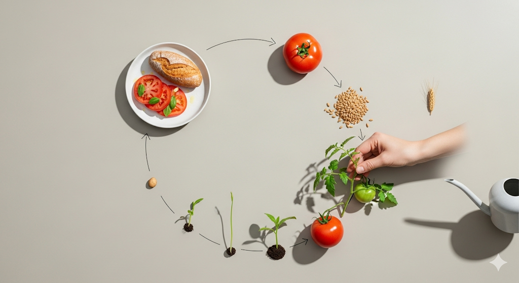 Um ciclo visual do crescimento de alimentos, começando com uma semente, progredindo para mudas, uma planta de tomate sendo cuidada por uma mão, e terminando em um prato com pão e tomate fresco. A imagem também inclui elementos como grãos de trigo e um regador.