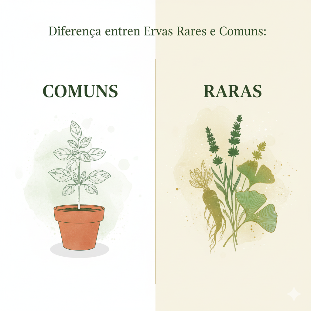 Imagem dividida ao meio, contrastando "Comuns" (ilustração de uma erva em vaso) e "Raras" (ilustrações de lavanda, ginkgo e raiz, com toques dourados).