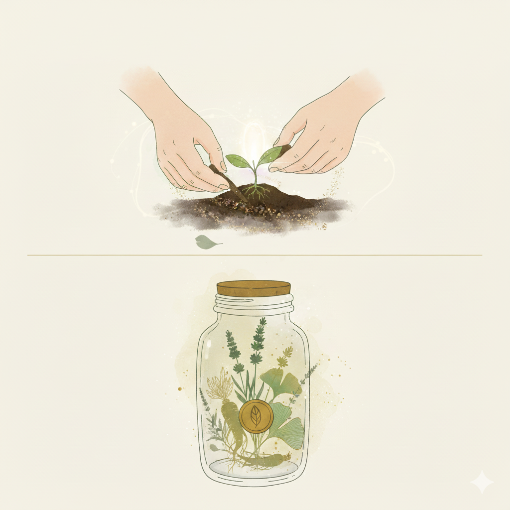 acima, mãos plantando uma muda; abaixo, um pote de vidro com diversas ervas e elementos botânicos.