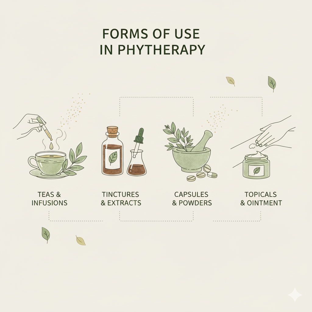 Imagem horizontal minimalista e informativa sobre "Formas de Uso na Fitoterapia", com ícones representando chás, tinturas, cápsulas e produtos tópicos.
