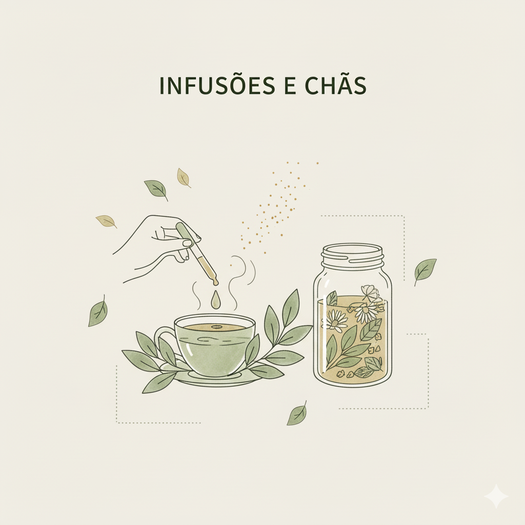 Imagem minimalista e suave, com o título "Infusões e Chás", mostrando uma xícara de chá com uma mão adicionando gotas, e um pote de vidro com ervas e flores para infusão.