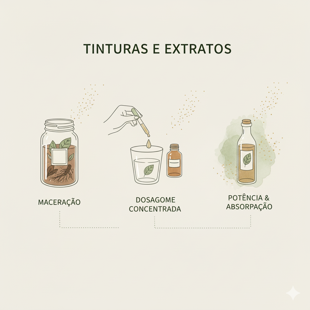Imagem minimalista e informativa sobre "Tinturas e Extratos", com ilustrações que representam a maceração de ervas em um pote, a dosagem concentrada em um copo com conta-gotas e a potência de uma tintura em uma garrafa.