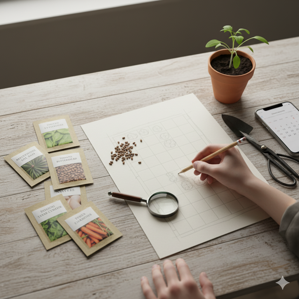 Uma única muda saudável plantada em solo escuro, com um caderno de planejamento de jardim e um lápis ao lado.