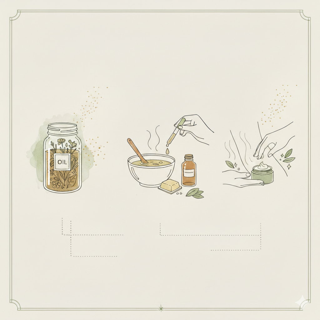 Imagem minimalista e suave mostrando, da esquerda para a direita: um pote de infusão de óleo com plantas, um processo de aquecimento e mistura de ingredientes para pomada, e mãos aplicando um creme.