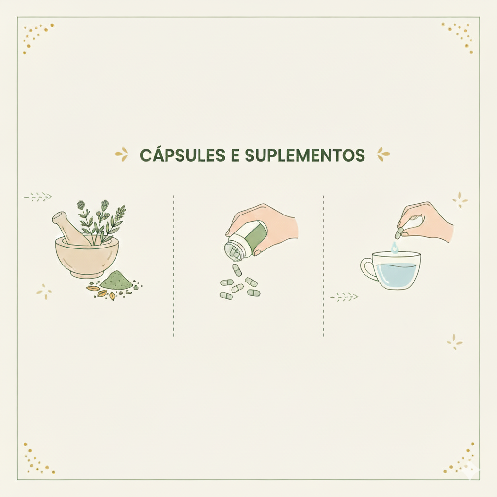 Imagem minimalista e suave, com o título "Cápsulas e Suplementos", mostrando um pilão com ervas e pó, uma mão derramando cápsulas de um frasco, e uma mão colocando uma cápsula em uma xícara de água.