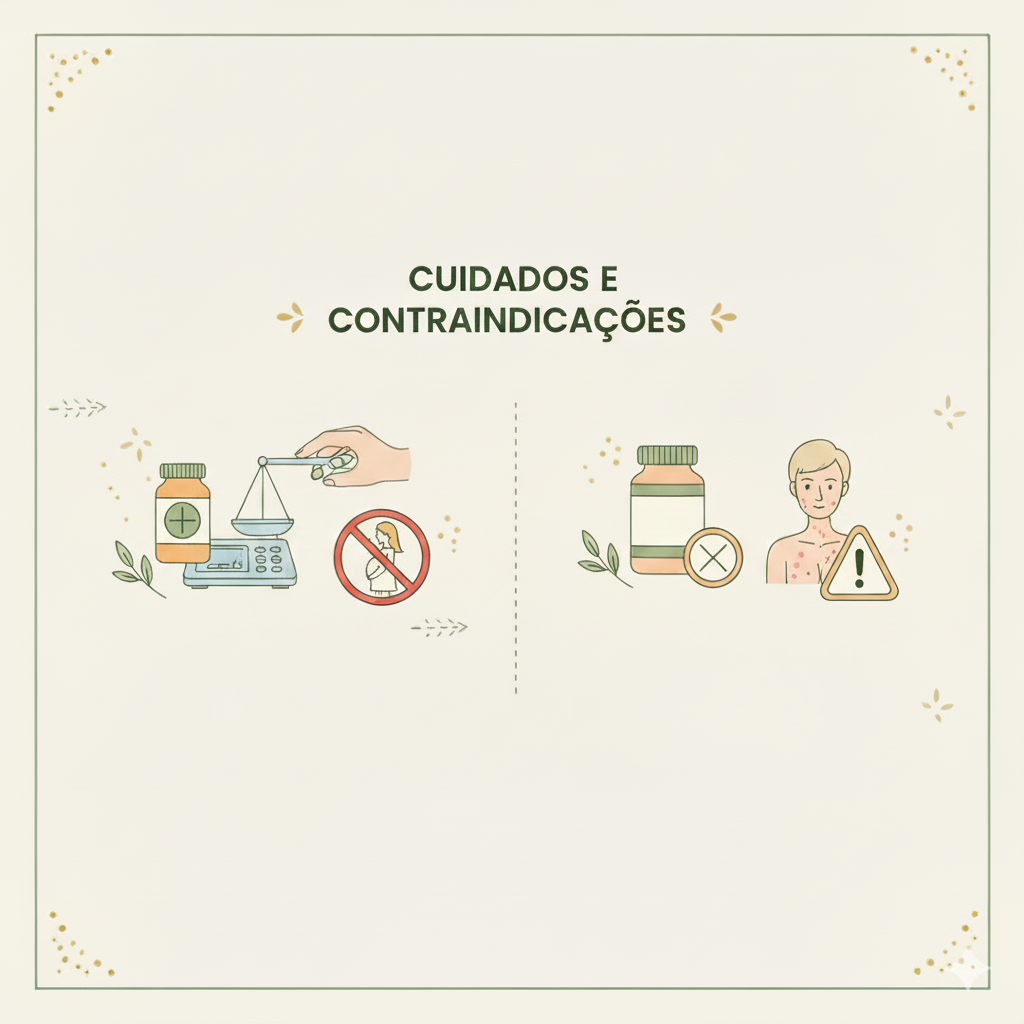 Imagem minimalista e informativa com o título "Cuidados e Contraindicações", mostrando à esquerda uma balança de precisão e um sinal de "proibido" (cuidados), e à direita um frasco, um "X" e uma pessoa com erupções cutâneas e um sinal de alerta (contraindicações).