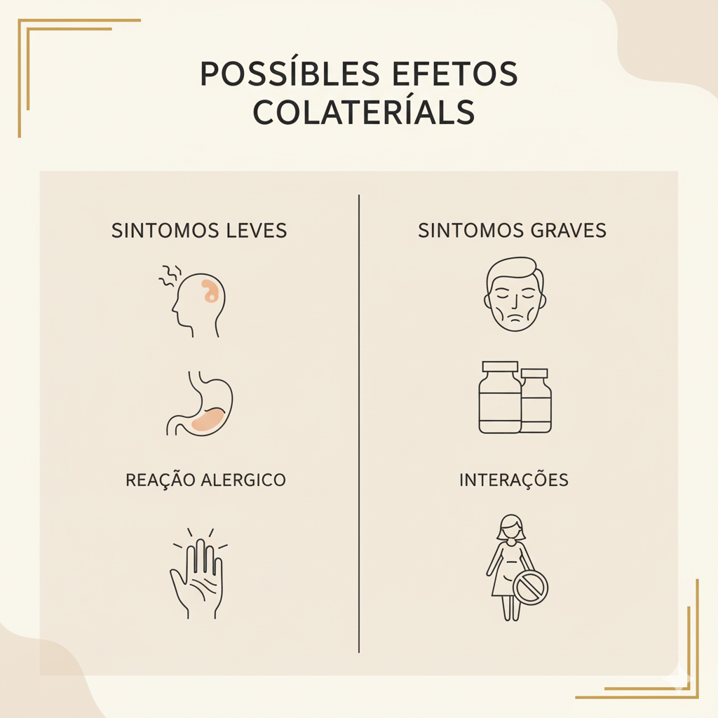 Imagem minimalista e informativa sobre "Possíveis Efeitos Colaterais", dividida em "Sintomas Leves" (dor de cabeça, dor de estômago, reação alérgica) e "Sintomas Graves" (cansaço, interação medicamentosa, proibido para grávidas), representados por ícones.