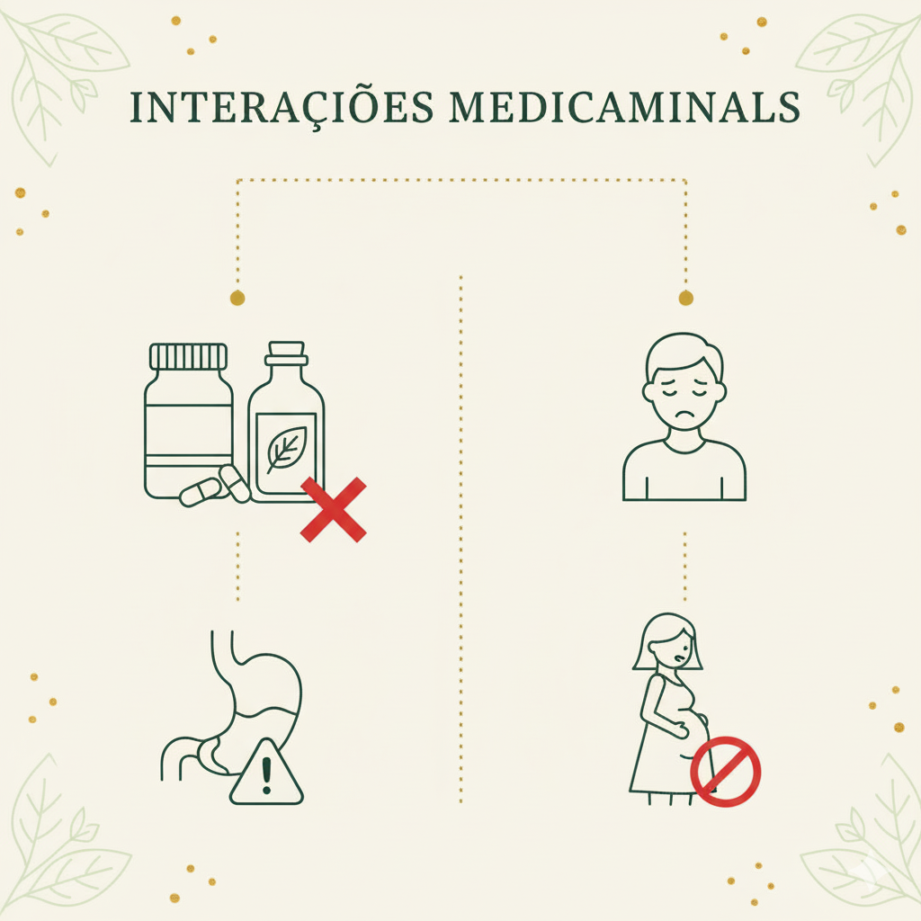 Imagem minimalista e informativa com o título "Interações Medicamentais", mostrando ícones que representam pílulas e um frasco de ervas com um "X" de proibido, uma pessoa com expressão triste, um estômago com sinal de alerta e uma mulher grávida com um sinal de proibido.