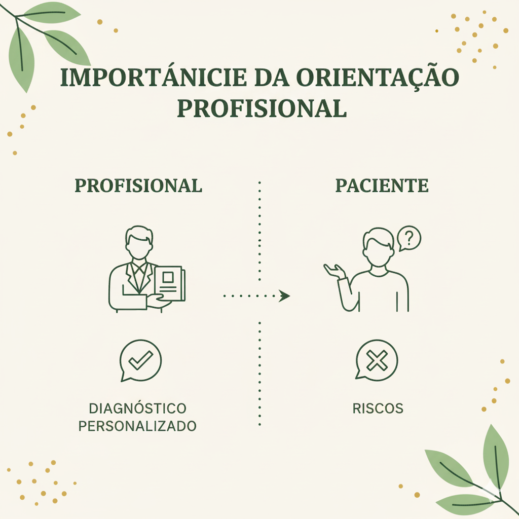 Imagem minimalista e informativa sobre "Importância da Orientação Profissional", com ícones representando um profissional de saúde, um paciente com dúvidas, um cheque de diagnóstico personalizado e um "X" de riscos.