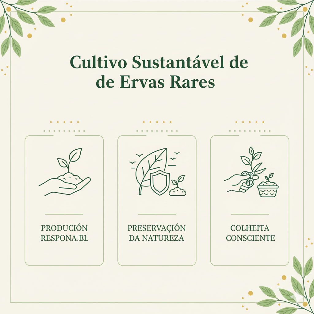 Imagem minimalista e informativa sobre "Cultivo Sustentável de Ervas Raras", com três seções: "Produção Responsável" (mãos plantando uma muda), "Preservação da Natureza" (folha com escudo protetor e pássaros) e "Colheita Consciente" (mãos colhendo uma planta).