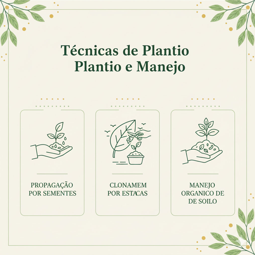 Imagem minimalista e informativa sobre "Técnicas de Plantio e Manejo", com três seções: "Propagação por Sementes" (mãos semeando), "Clonagem por Estacas" (folha com broto em vaso) e "Manejo Orgânico de Solo" (mãos com terra e muda).