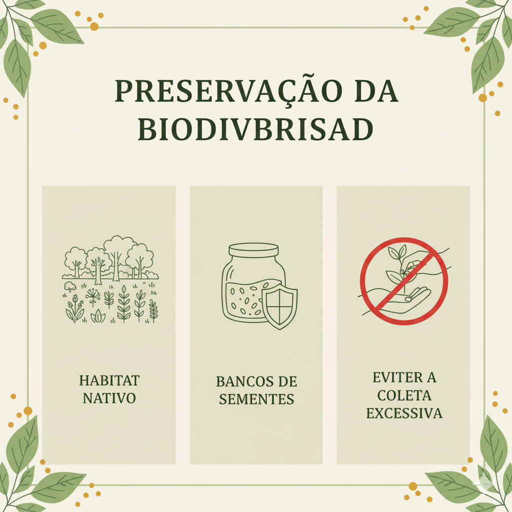 Imagem minimalista e informativa sobre "Preservação da Biodiversidade", com três seções: "Habitat Nativo" (floresta e plantas), "Bancos de Sementes" (pote com sementes e escudo) e "Evitar a Coleta Excessiva" (mão segurando planta com sinal de proibido).