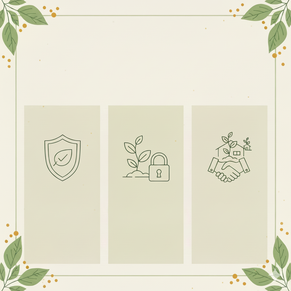 Imagem minimalista e suave com três ícones: um escudo com uma folha (certificação/qualidade), uma planta com um cadeado (combate ao tráfico/proteção) e duas mãos apertando-se em frente a uma casa e uma planta (apoio a comunidades/comércio ético).
