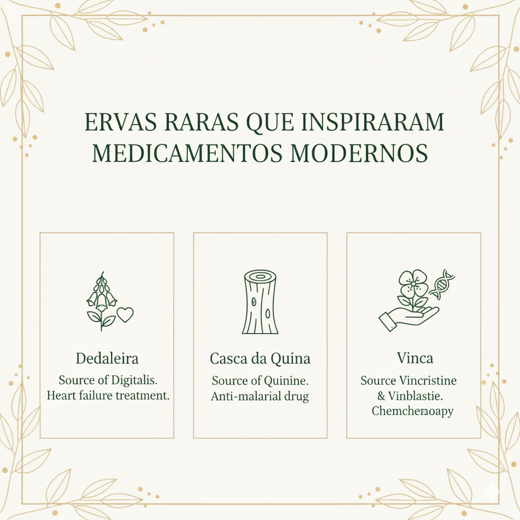 Imagem minimalista e informativa sobre "Ervas Raras que Inspiraram Medicamentos Modernos", mostrando à esquerda um frasco de pílulas com a inscrição "Digitalis" e um frasco de extrato de ervas (Digitalis Purpurea), e à direita um frasco de comprimidos "Aspirina" e um galho de Salgueiro-Branco.