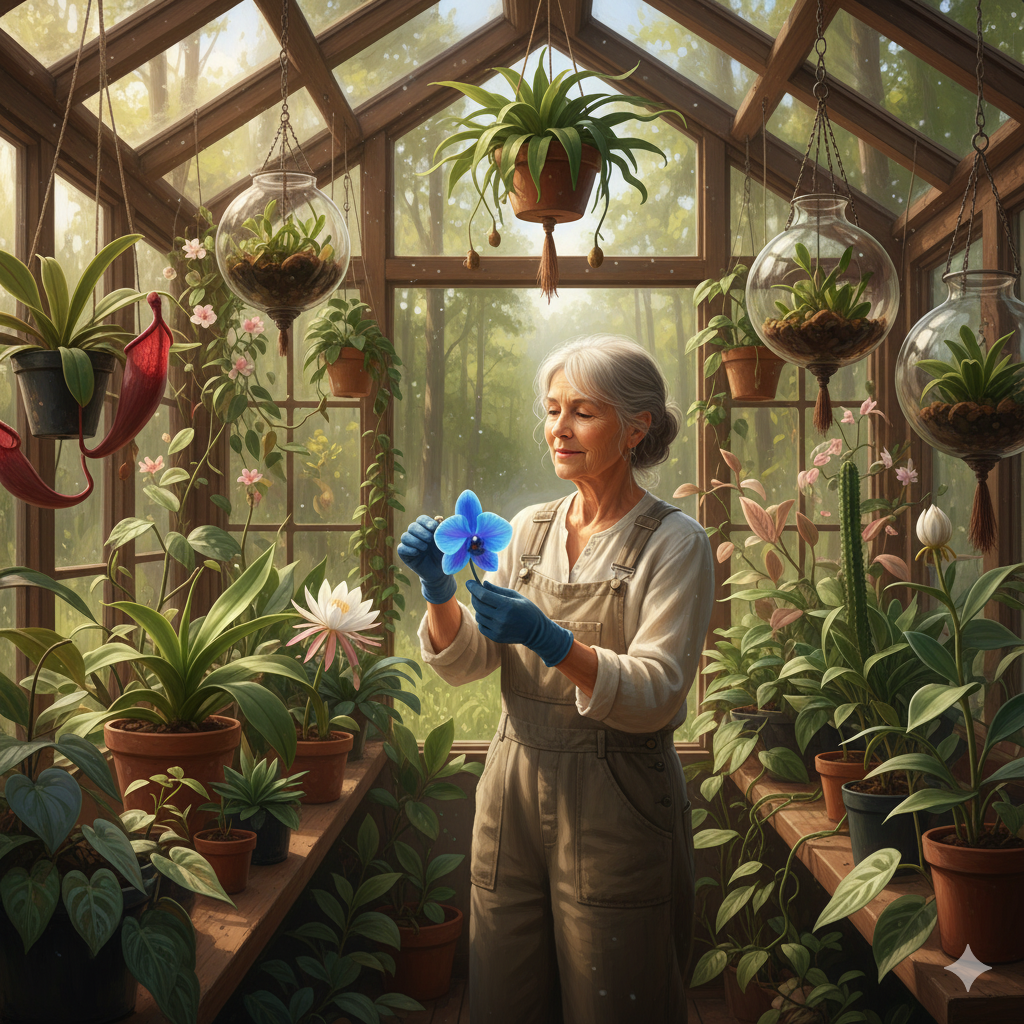 Uma jardineira idosa e sorridente cuida de uma orquídea azul vibrante em uma estufa cheia de plantas raras e exóticas. A imagem transmite paixão pela jardinagem e a importância da conservação de espécies únicas em um santuário verde