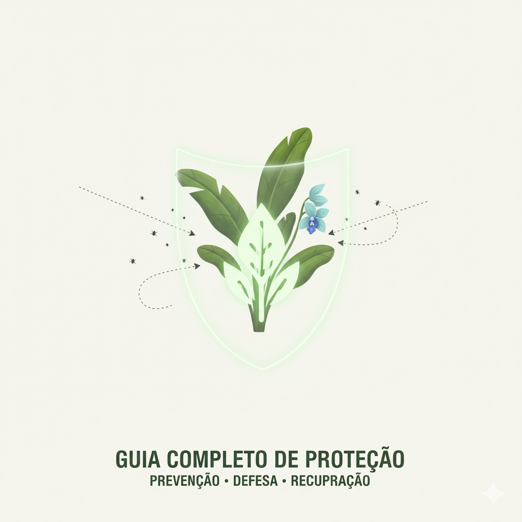 "Ilustração minimalista de um escudo verde claro brilhante protegendo um grupo de plantas raras com uma flor azul. Pequenas pragas pretas são vistas sendo repelidas para fora do escudo, simbolizando prevenção e defesa. Abaixo, o texto 'GUIA COMPLETO DE PROTEÇÃO' e 'PREVENÇÃO • DEFESA • RECUPERAÇÃO' reforça o foco do artigo em proteger tesouros botânicos."