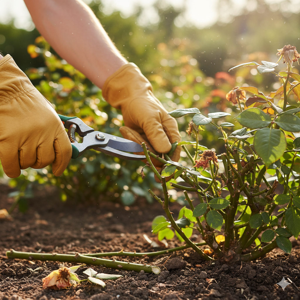 Mãos enluvadas segurando uma tesoura de poda, cortando galhos de uma roseira em um jardim ensolarado.