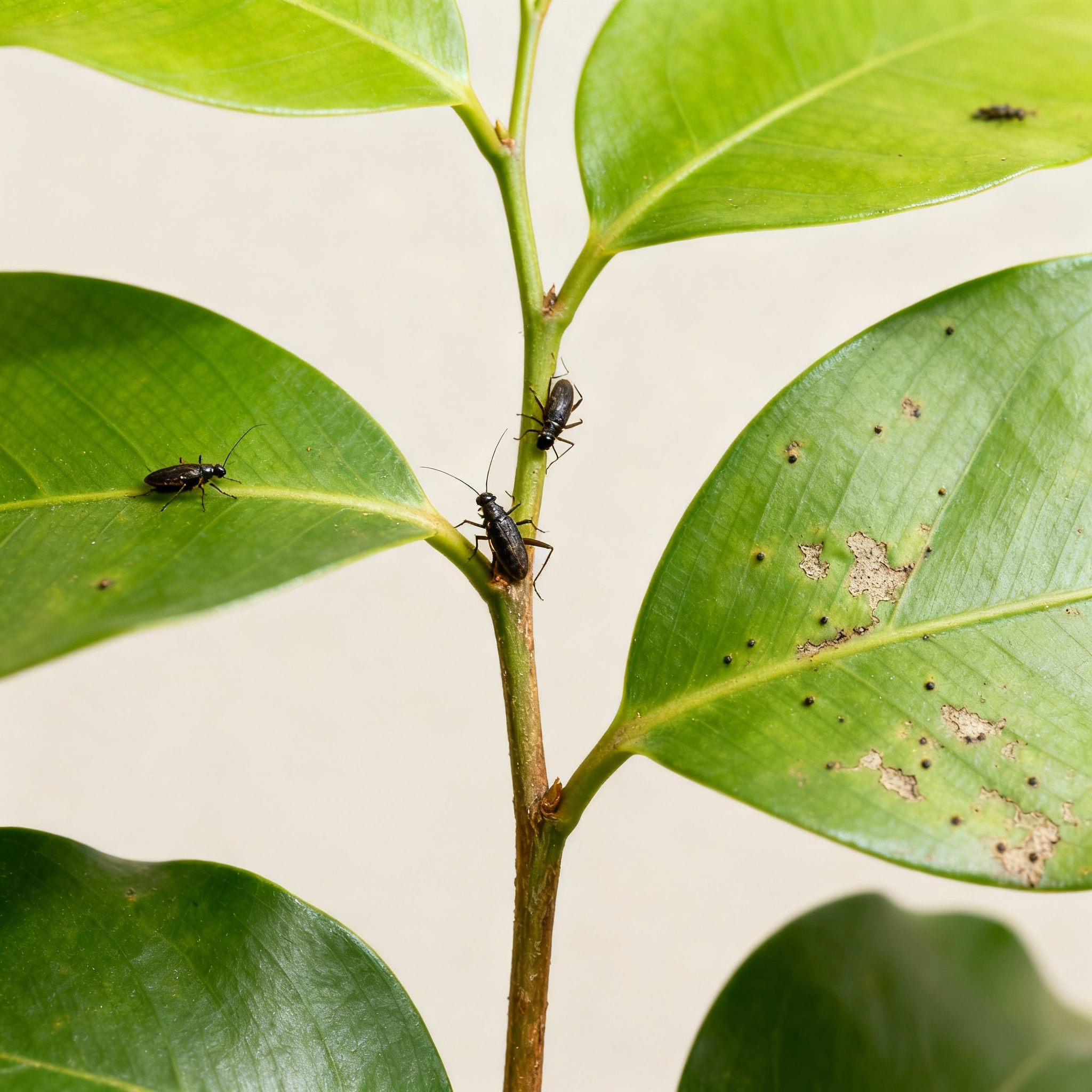 "Comparação realista e minimalista entre pragas visíveis em plantas e micropragas silenciosas, representando o impacto distinto dessas pragas na agricultura".