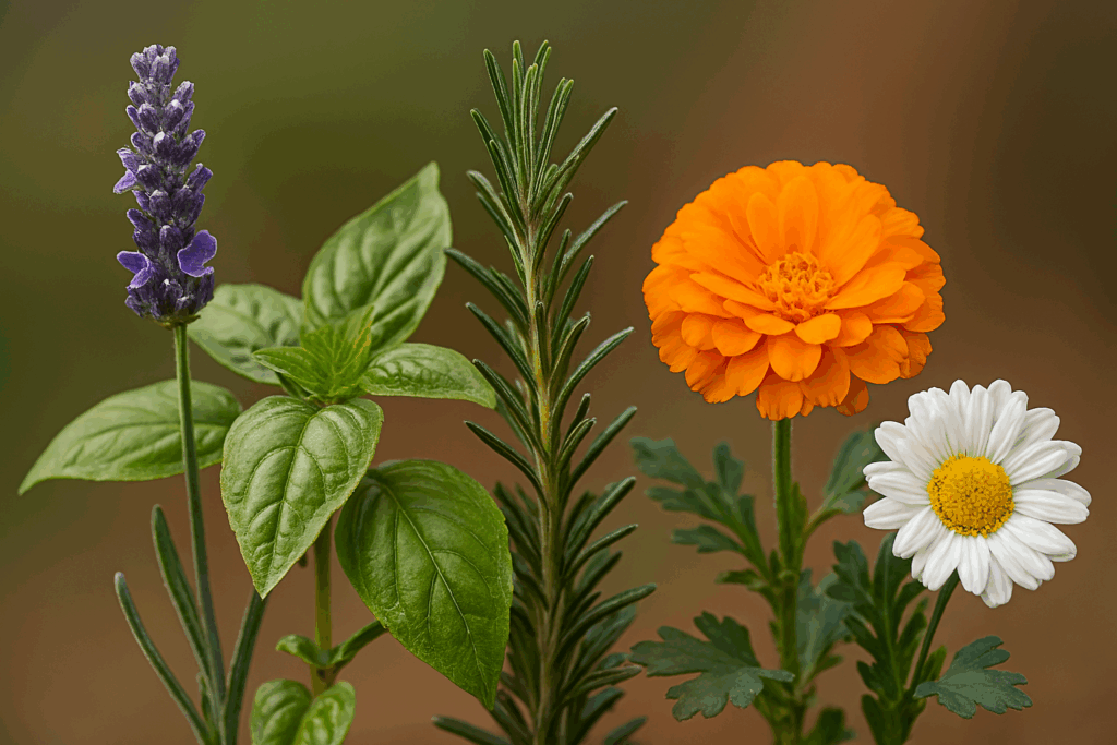 Ela reúne lado a lado as cinco plantas repelentes de pragas mais conhecidas:
Lavanda (Lavandula angustifolia) – com suas flores roxas em espiga e folhas estreitas acinzentadas.
Manjericão (Ocimum basilicum) – folhas verdes brilhantes, largas e aromáticas.
Alecrim (Rosmarinus officinalis) – folhas finas e pontiagudas, lembrando agulhas, em tom verde-escuro.
Calêndula (Calendula officinalis) – flores alaranjadas vibrantes e folhas verdes recortadas.
Crisântemo (Chrysanthemum cinerariifolium) – flores brancas com miolo amarelo e folhas profundamente lobadas.