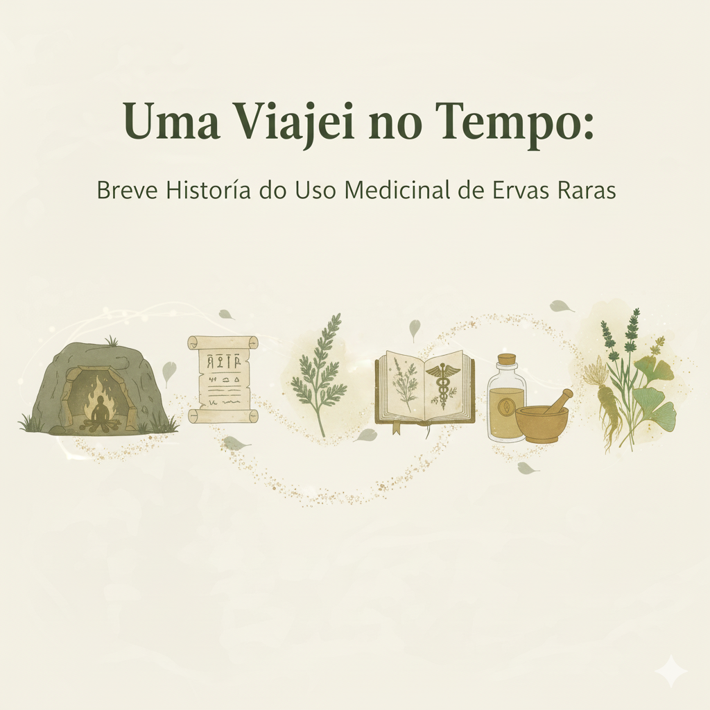 "Uma Viagem no Tempo: Breve História do Uso Medicinal de Ervas Raras", com elementos como uma caverna, pergaminhos, um livro antigo e ervas.