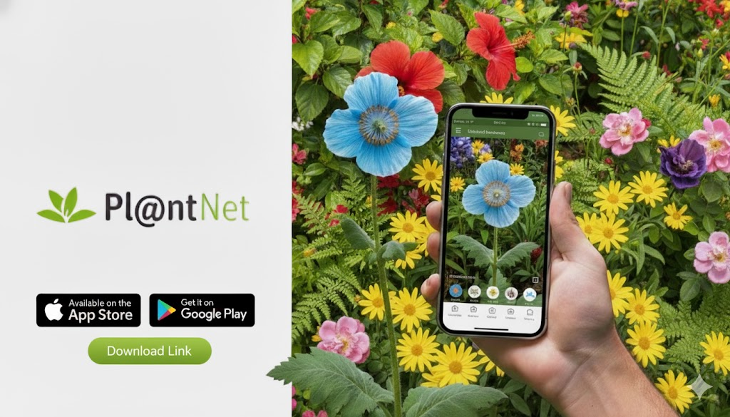 PlantNet app no iPhone 17 identificando uma flor azul rara, com logos da App Store e Google Play para download.
