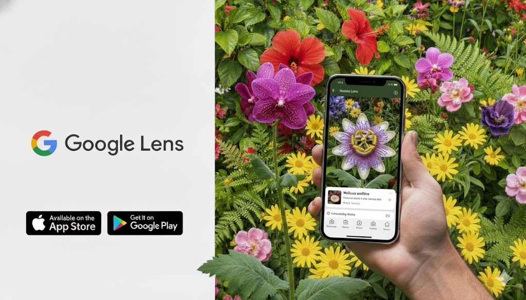 Mão segurando um iPhone com o Google Lens identificando uma flor exótica (Passiflora). O fundo mostra um jardim com orquídeas e outras flores vibrantes. Logos da App Store e Google Play.