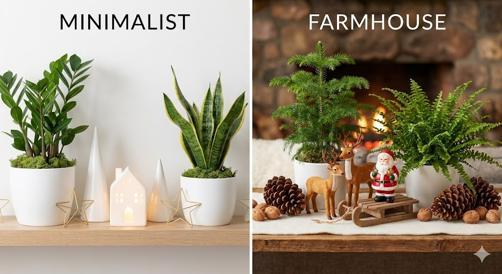 Comparação de decoração natalícia em estantes de plantas. À esquerda, o estilo minimalista com casinhas de cerâmica branca e geometria. À direita, o estilo farmhouse com miniaturas de renas, pinhas e elementos rústicos entre os vasos.