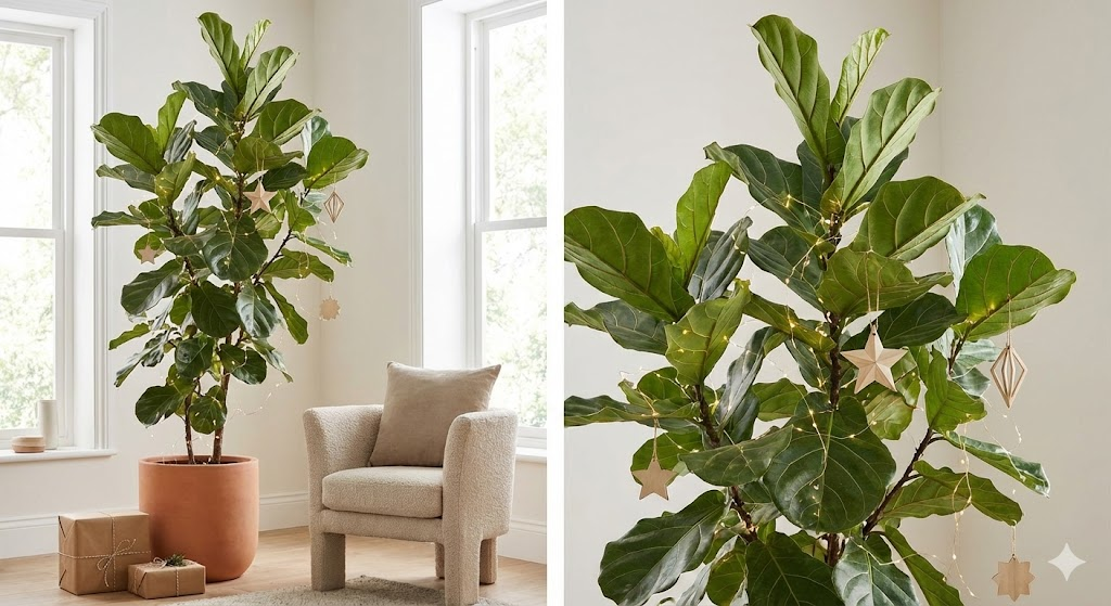 "Planta de grande porte (Ficus Lyrata) decorada como árvore de Natal alternativa. Comparação entre o estilo minimalista, com luzes discretas e ornamentos geométricos, e o estilo farmhouse, com laços de fita xadrez e laranjas secas."