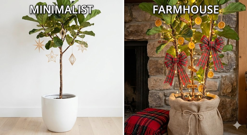 Comparação de decoração de Natal em Ficus Lyrata: estilo minimalista com ornamentos de vidro versus estilo farmhouse com laços xadrez e laranjas.