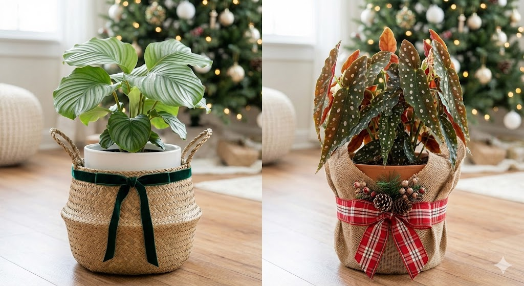 Vasos de plantas decorados para o Natal, envoltos em tecido de juta rústico e finalizados com um laço de fita de cetim vermelha, exemplificando o estilo farmhouse