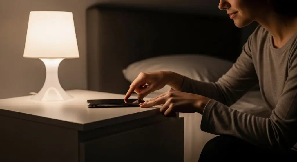 Mãos segurando um celular com uma tela escura, em contraste com um ambiente de quarto sereno.