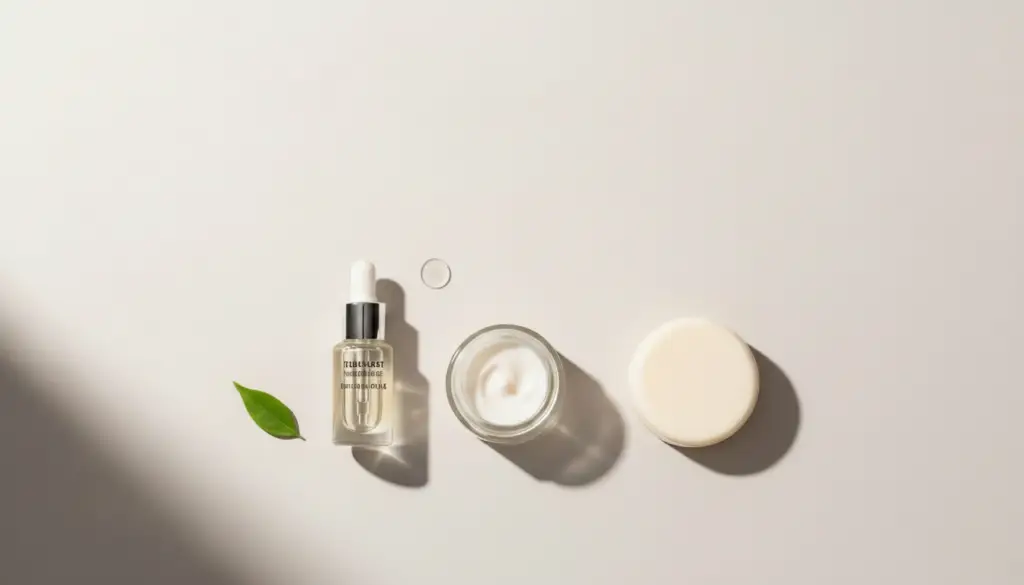 Minimalist skincare routine setup with clean, elegant products and natural elements