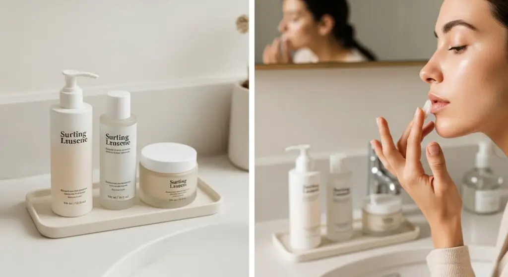 Close-up of radiant, healthy skin texture with subtle botanical elements