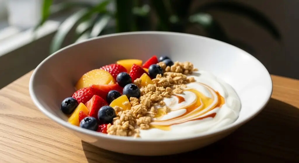 Iogurte natural com frutas vermelhas para lanche da tarde