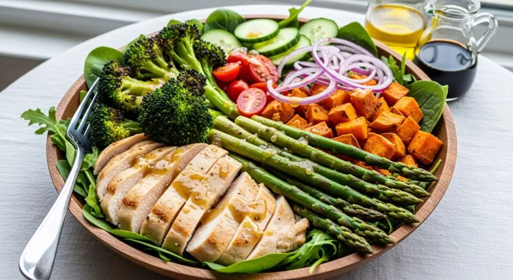 Salada leve com vegetais e peixe para jantar