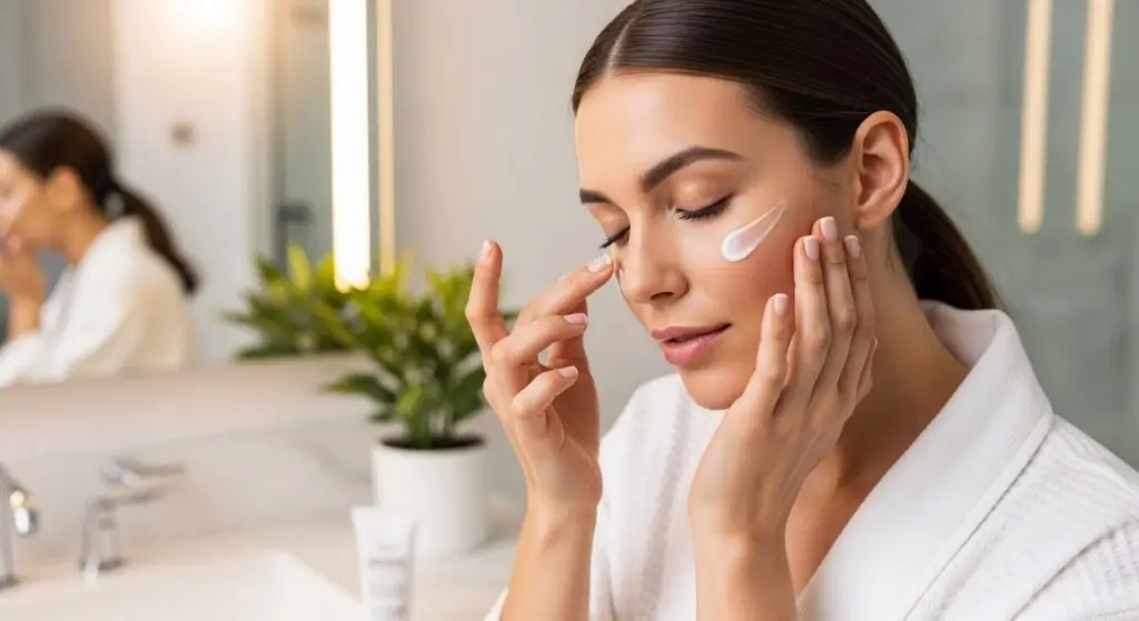 Homem aplicando creme facial após rotina de cuidados