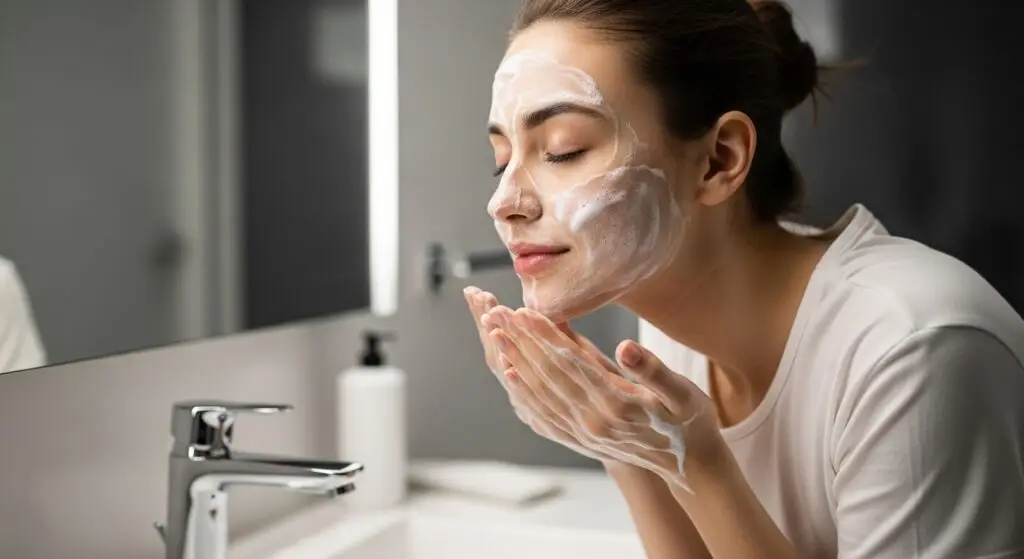 Rosto sendo limpo suavemente com um limpador facial