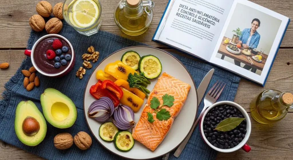 Mulher desfrutando de um café da manhã saudável e vibrante com frutas frescas e grãos integrais em uma mesa de mármore luxuosa, luz suave e natural iluminando a cena, foco em texturas ricas e cores vivas, fotorrealismo, estética orgânica de beleza.